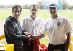 Jim Keech (Bedford) to collect the male team trophy (with Andy Cohen-Wray, who runs Athlete in Mind T&F League sponsor)